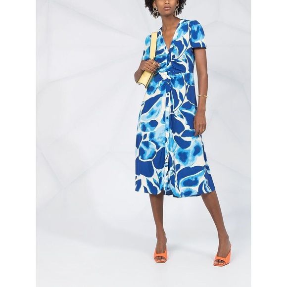 DVF Cecilia Crepe Midi Dress XS $348 Blue Crema - Picture 9 of 11